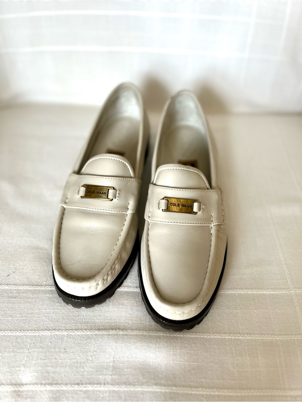 Cole Haan Cream Leather Penny Loafers with Gold Plaque